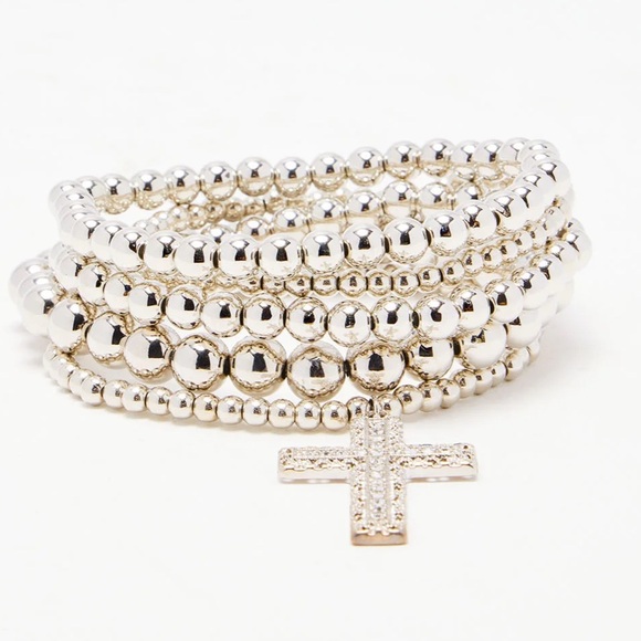 •Such a Saint• Stacked & Layered 5 Piece Silver Beaded Cross Bracelet - Picture 2 of 2